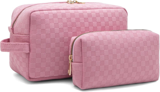 2 Pieces Large Checkered Makeup Bag Cosmetic Bag for Women Travel Toiletry Make up Brush Bag Pack Organizer Travel Accessories for Women (Pink)
