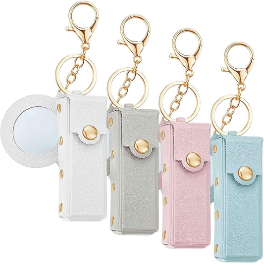 4Pcs Lipstick Holder Keychain with Mirror, PU Leather Chapstick Case Lip Balm Organizer Lip Gloss Keychain Holder Portable Sleeve Lipstick Pouch for Women (White+Blue+Pink+Gray)