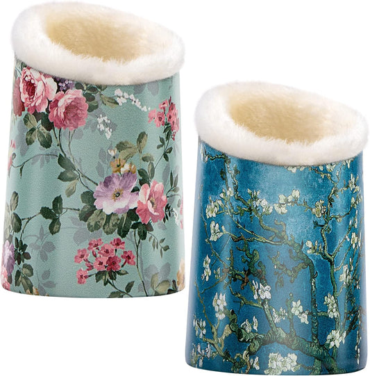 2 PCS a Set, PU Leather Plush Fluffy Makeup Brush Holder, Cosmetic Brushes Comb Pen Storage Holders Cup with Unique Printed Patterns